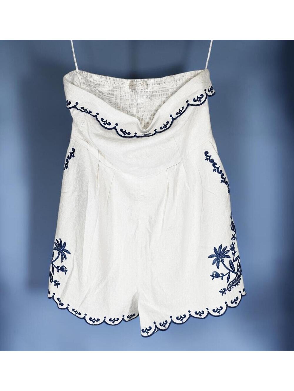 Caroline Constas White Navy Embroidered Linen Strapless Romper-XS No Belt/Straps - Picture 4 of 11
